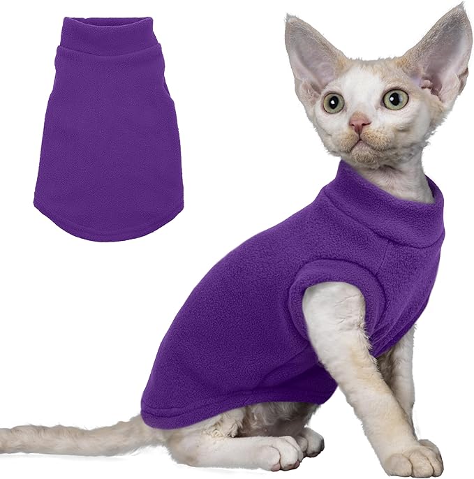 PUMYPOREITY Cat Sweater, Warm Kitten Clothes, Fleece Winter Coat for Hairless Cats, Soft Dog Fleece Vest, Cold Weather Pet Sweater for Dogs and Cats, Purple, M