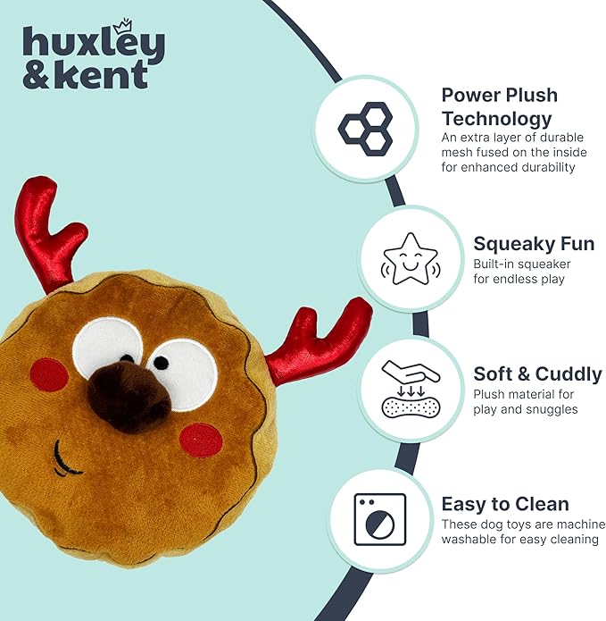 Huxley & Kent Funny Dog Toy w/Squeaker – Holiday Power Plush Squeaky Dog Toys for Small, Medium & Large Dogs – Soft Stuffed Animal for Indoor Play & Fetch - Gotta Dash Reindeer Cookie, Large