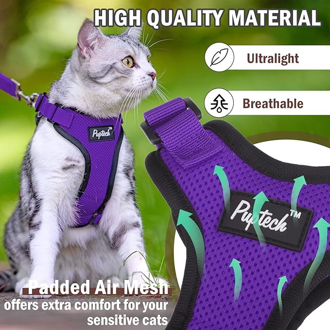 PUPTECK Cat Harness and Leash Set Escape Proof for Walking, Breathable Mash Vest Adjustable Harness for Cats Puppy Small Animals, Reflective at Night, Purple Small