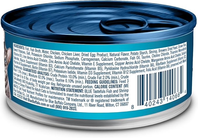 Blue Buffalo Tastefuls Flaked Wet Cat Food, Made with Natural Ingredients, Fish & Shrimp, 3-oz Cans (24 Count)
