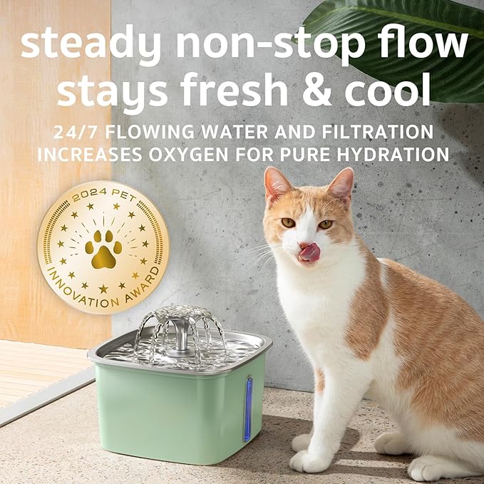 Veken Innovation Award Winner Stainless Steel Cat Water Fountain, 95oz/2.8L Automatic Pet Fountain Dog Water Dispenser with Replacement Filters & Silicone Mat for Cats, Dogs, Multiple Pets (Tea Green)