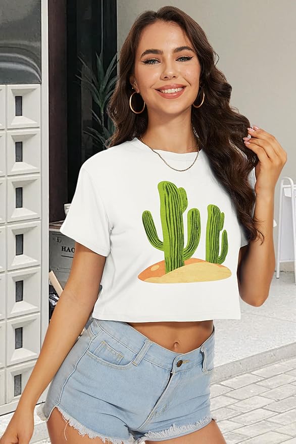 Womens Summer Crop Tops Short Sleeve Round Neck T-Shirts Loose Fit Casual Blouse