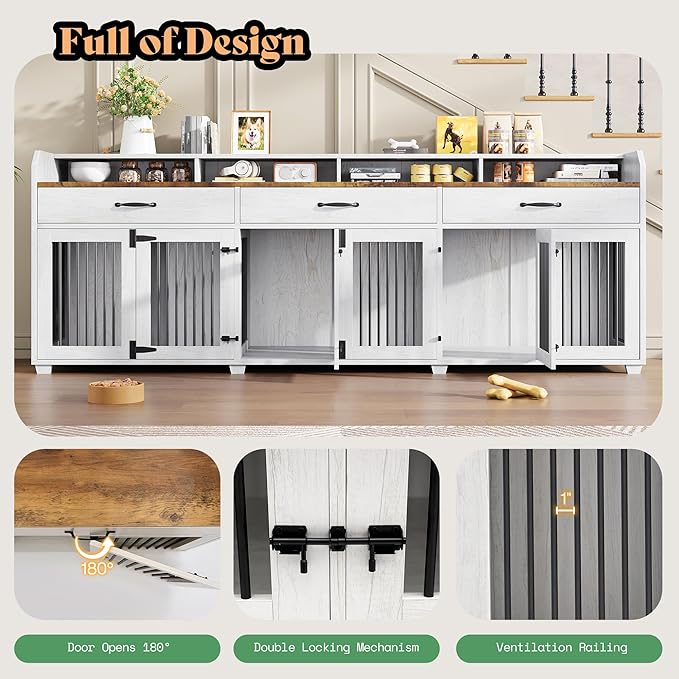 AMERLIFE 95" Large Dog Crate Furniture with Storage, 3-Room Indoor Wooden Dog Kennel for Large/Medium Dogs, TV Stand & Sideboard with Drawers & Removable Divider, White+Barnwood