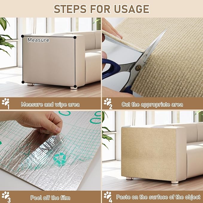 Cat Scratching Climbing Carpet Mat, Self-Adhesive Trimmable Anti Cat Scratcher Couch Furniture Protector from Cat Claws, Cat Post Covered Pad Replacement for DIY Cat Tree (Khaki, 15.8" x 40")