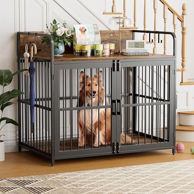 Dog Crate Furniture, 48" Heavy Duty Wooden Dog Crate End Table, XL Dog Kennel Furniture Large Breed, Decorative Dog Kennel Indoor, Double-Door Dog House