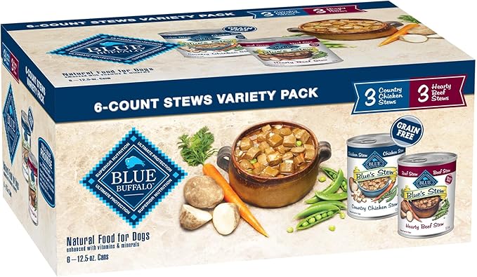 Blue Buffalo Blue's Stew Natural Wet Dog Food, Made with Natural Ingredients, Hearty Beef and Country Chicken Variety Pack, 12.5-oz. Cans, 6 Count