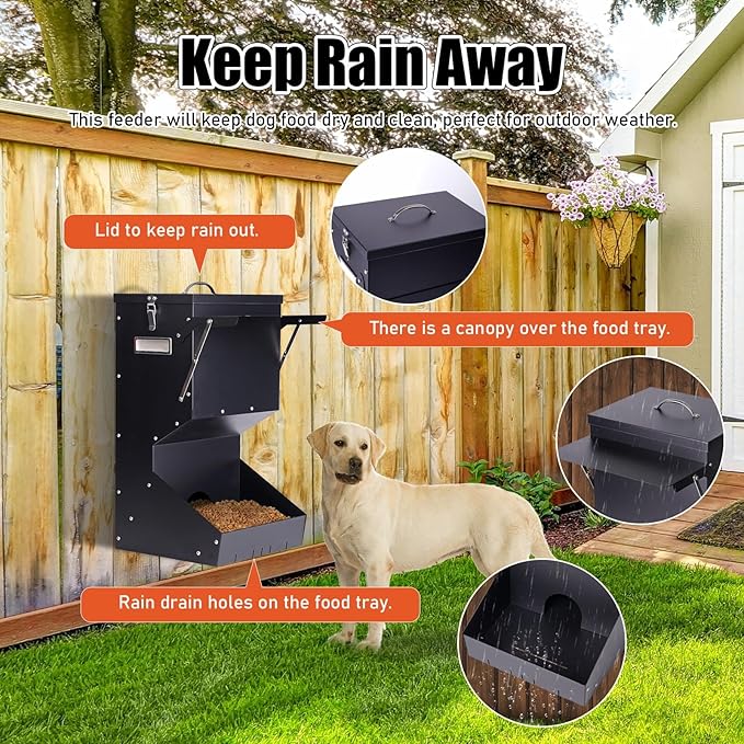 Outdoor Automatic Dog Feeder Large Breed 25 lbs, Galvanized Gravity Feeder for Dogs Metal Self Feeding Dog Food Dispenser Hanging Pet Food Feeders for Dogs Chickens and Farm Animals