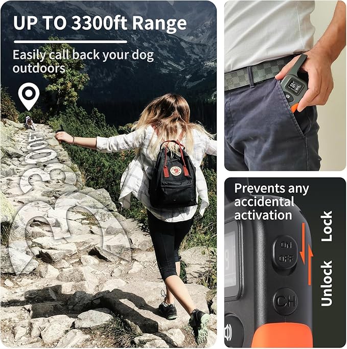PaiPaitek Dog Vibration Collar with Controller No Shock, 3300ft Waterproof Training Dog Collar Beep and Vibrate Only, Security Lock & Rechargeable Vibrating Collar for Dogs 5-120 lbs - No Prongs