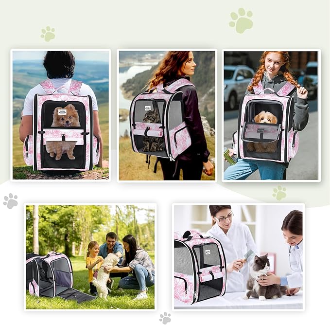Lekebobor Large Cat Backpack Carrier Expandable Pet Carrier Backpack for Small Dogs Medium Cats Fit Up to 18 Lbs,Dogs Foldable Puppy Backpack Carrier for Travel, Hiking,Pink Flowers Pattern