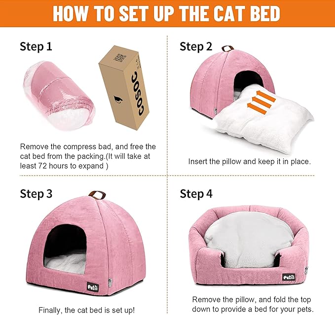 Cat Beds for Indoor Cats -Premium Pet Beds for Cats and Small Dogs, Cat Bed Cave, Comfortable Covered Cat Bed, Cat Tent, Kitten Bed, Small Animal Bed and Cat Hut with Cushioned Pillow (Large, Pink)