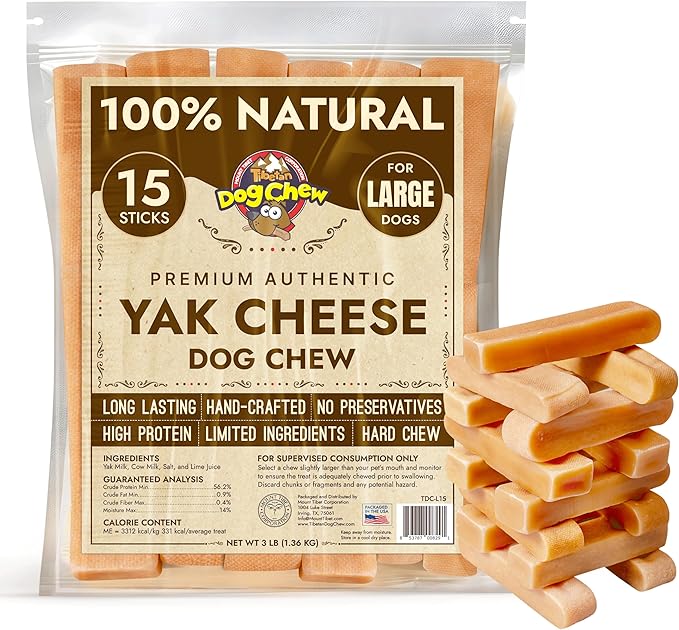 Tibetan Dog Chew Yak Cheese Sticks (15 Large Chews) - Natural Handmade Treats for Large Dogs, Long-Lasting, Easy to Digest with No Additives, Rawhide, Grains or Gluten, Perfect for Aggressive Chewers