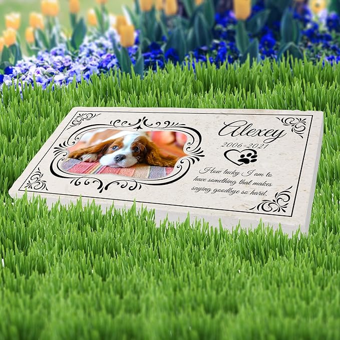 Personalized Pet Memorial with Keepsake Photo on Limestone - Headstones, Garden Stones, and Grave Markers for Dogs - Dog Memorial Stone, Pet Memorial Gifts - 12”x 6”x1.25" C (A. Alexey Design)