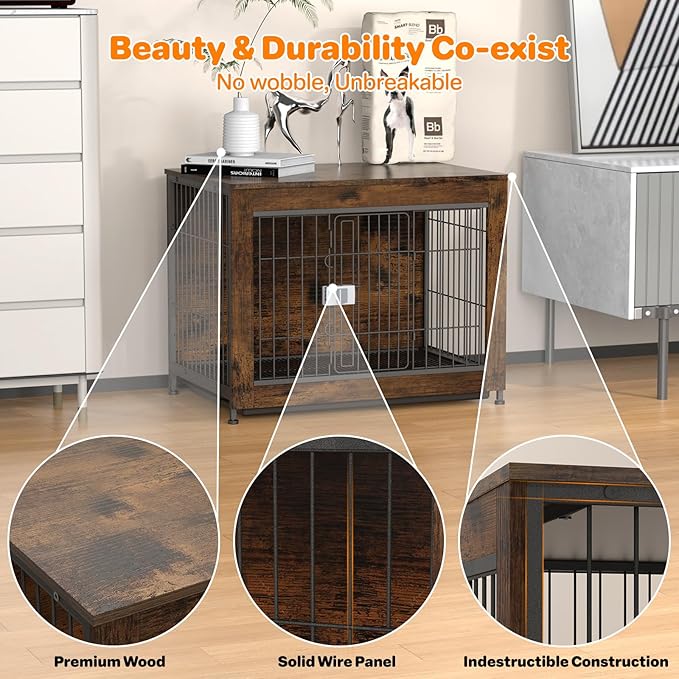 Dog Crate Furniture, Wooden Dog Crate 33in, Decorative Cage with End Table for Dog Indoor Kennel, High Anxiety Dog, Escape-Proof Locks for All Breeds
