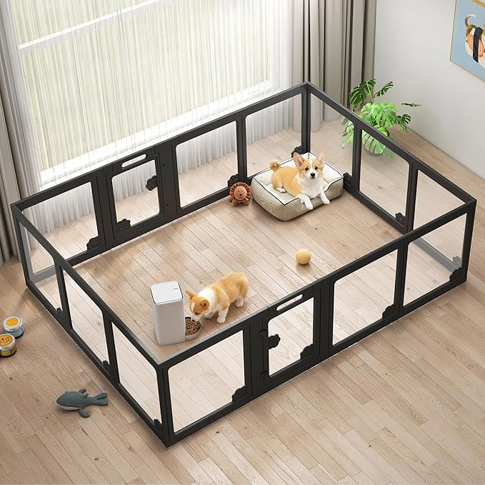 Albott Acrylic Clear Dog Playpen Indoor, Modular Puppy Cat Small Pet Play Pen with 2 Doors, Transparent Fence for Little Dogs, Cats, Rabbits, Easy Assemble and Disassemble, Black (24" H, 14 pcs)