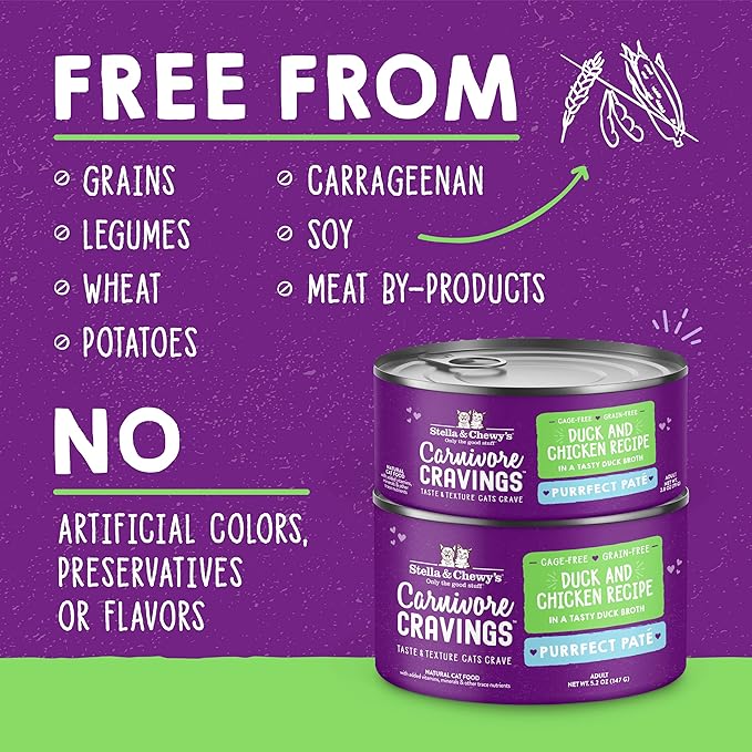 Stella & Chewy's Carnivore Cravings Purrfect Paté - Premium Grain-Free Wet Cat Food - Duck & Chicken Recipe - High Protein with Bone Broth - Perfect for Picky Eaters - 2.8oz Cans (24 Pack)