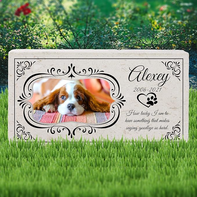 Personalized Pet Memorial with Keepsake Photo on Limestone - Headstones, Garden Stones, and Grave Markers for Dogs - Dog Memorial Stone, Pet Memorial Gifts - 12”x 6”x1.25" C (A. Alexey Design)