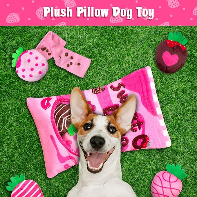 Valentine's Day Dog Toys, Squeaky Hide and Seek Dog Toy, Interactive Puzzle Dog Toys for Boredom and Stimulation, Valentine's Day Dog Gifts for Small and Medium Dogs (Strawberries, Pack of 7)