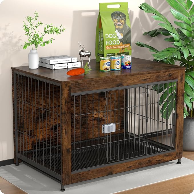 Dog Crate Furniture, Wooden Dog Crate 38in, Decorative Cage with End Table for Dog Indoor Kennel, High Anxiety Dog, Escape-Proof Locks for All Breeds