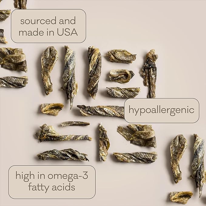 Polkadog Cod Skins for Dogs (12oz Shortie) - Single Ingredient, Wild-Caught Fish Skin Dog Treats for All Breeds – High in Lean Protein & Omega-3. Hypoallergenic, Grain Free. Handcrafted & Made in USA