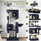 Globlazer Heavy Duty Cat Trees for Large Cats, Sturdy 72in Maine Coon Cat Tree for Large Cats 20 lbs+ Heavy Duty Cat Tower for Adult Biggest Cat with 6 Scratching Posts, Hammock, S72, Smoky Gray