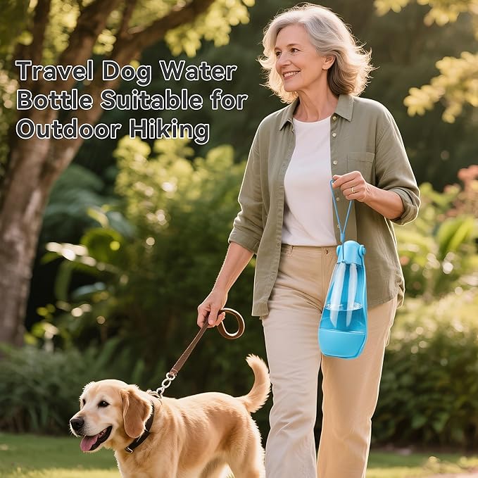 UPSKY Dog Water Bottle | Portable & Foldable Dog Water Bottle | 3-in-1 Portable Pet Water Dispenser with Food Container & Poop Scooper for Outdoor Walking, Hiking & Travel,14.2oz(Blue)