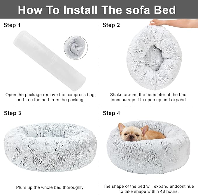 Dog Calming Beds for Small Medium Large Dogs - Round Donut Washable Puppy Dog Bed, Anti-Slip Faux Fur Fluffy Donut Cuddle Anxiety Cat Pet Bed (24" Rose)