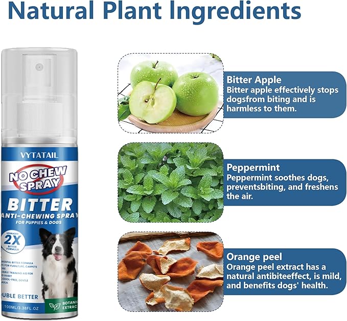 No Chew Spray for Dogs, No Chew Deterrent to Stop Chewing Furniture & Licking Hot Spots, Natural & Alcohol-Free, Indoor/Outdoor Use (2 X 3.38 fl oz)