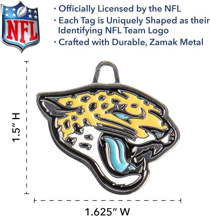 NFL Jacksonville Jaguars Engraving Pet ID Tags in 32 Team Logo Shapes Personalized Dog Tags and Cat Tags with 3 Lines of Customizable Text for Tracking & Safety. Stainless Steel Pet ID Tracking Tags