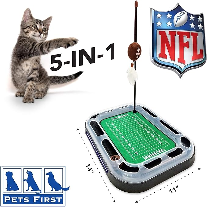 Pets First NFL BALTIMORE RAVENS FOOTBALL FIELD CAT SCRATCHER TOY with CATNIP Filled Plush FOOTBALL Toy & Feather Cat Toy hanging, with Jingle Bell INTERACTIVE BALL Cat Chasing 5-in-1 KITTY Toy
