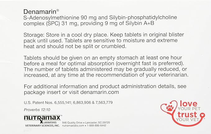 Nutramax Laboratories Denamarin Liver Health Supplement for Small Dogs and Cats - With S-Adenosylmethionine (SAMe) and Silybin, 30 Tablets