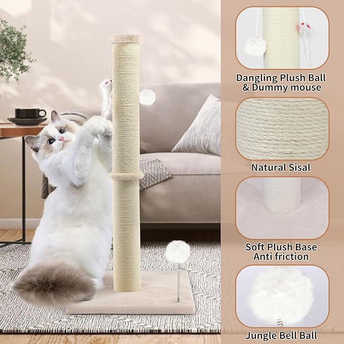 36 Inch Tall Cat Scratching Post – Sisal Cat Scratcher for Indoor Cats, Large Vertical Scratch Post, Sturdy Cat Scratch Pole Tower, Modern Cat Furniture for Kittens & Adults (Beige)