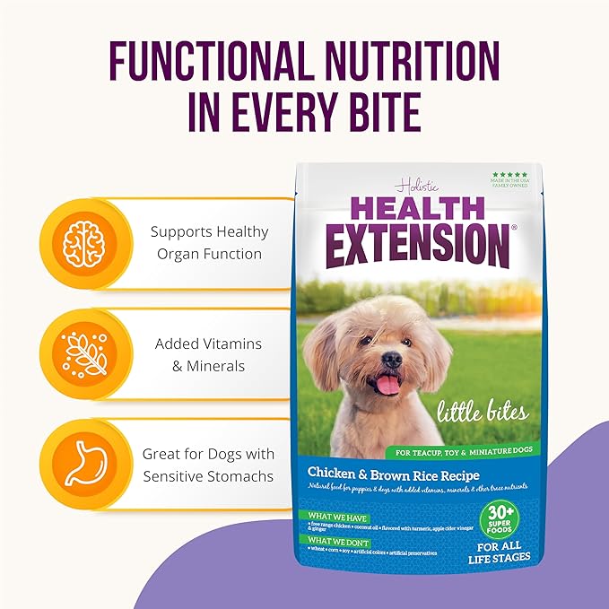 Health Extension Little Bites Dry Dog Food for Small Breeds, Chicken & Brown Rice Recipe, with Probiotics & Superfoods for Digestion & Coat Health, 1 lb Bag (Pack of 2)