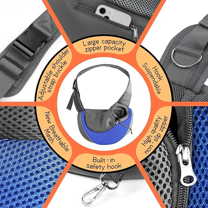 YUDODO Pet Sling Carrier for Small Dogs & Cats – Hands-Free Puppy Carrier with Safety Hook, Large Zipper Pocket, Soft Breathable Mesh, Adjustable Strap & Reflective Strip (Blue 1.0 M)