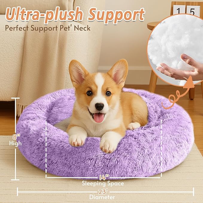 JOLLYVOGUE Small Dog & Cat Beds for Indoor Cats, Donut Cuddler Warming Soft Dog Beds with Anti-Slip Bottom, Round Calming Fluffy Plush Faux Fur Cushion Bed for Small Dogs (23", Purple)
