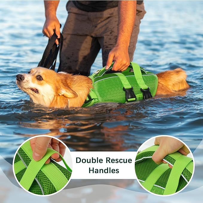 Kuoser Dog Life Jacket High Flotation, Reflective Dogs Life Vest for Swimming Boating, Adjustable Small Medium Large Dog lifejacket, Lightweight Dogs Life Preserver Rescue Handle Spring Summer Pool