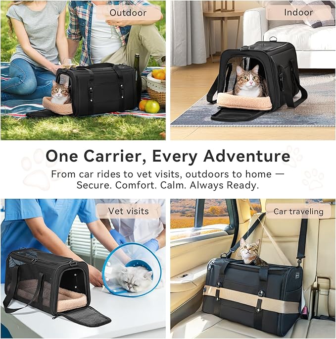 Petsfit Large Cat Carrier for 2 Cats, Lightweight Collapsible Double Cat Carrier for Travel, 4-Sided Breathable Mesh, with Adjustable Shoulder Strap, Locking Zipper and Washable Fleece Pad Black