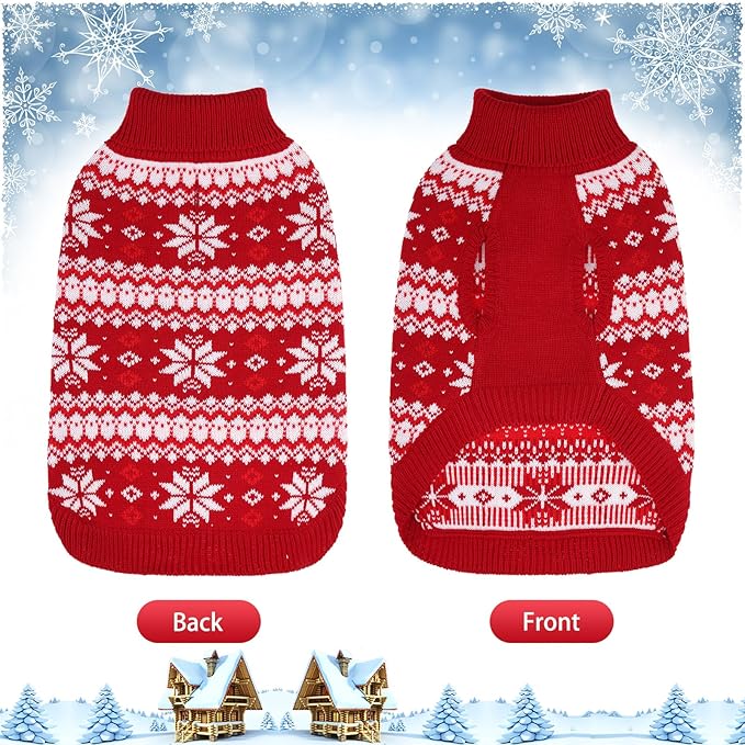 KOOLTAIL Cable Knit Dog Sweater Turtleneck, Cold Weather Pullover Classic Knitwear, Snowflake Pattern Thick Warm Winter Pet Clothes, Dog Christmas Sweater for Small Medium Large Dogs, Red M