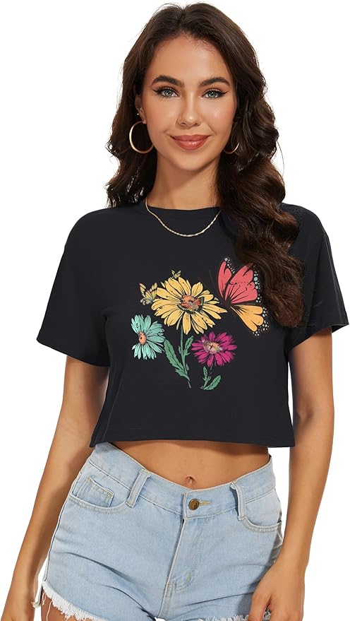 Womens Summer Crop Tops Short Sleeve Round Neck T-Shirts Loose Fit Casual Blouse