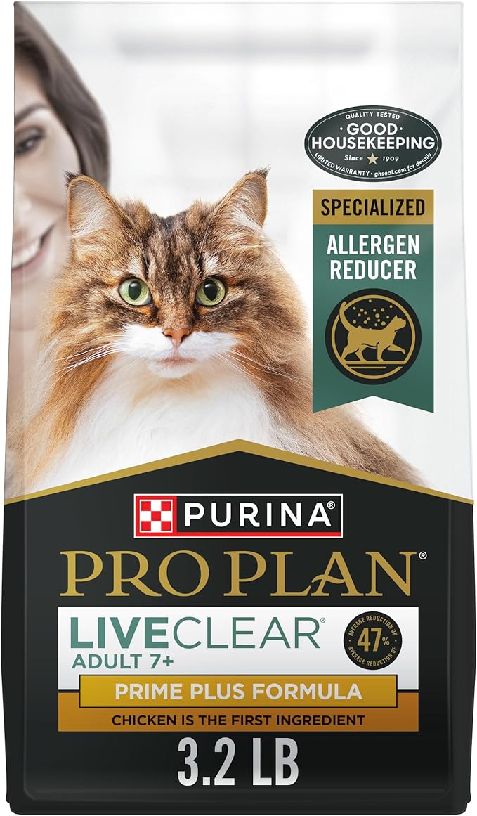 Purina Pro Plan LiveClear Senior Cat Food 7+ Cat Allergen Reducer Prime Plus Chicken and Rice Formula - 3.2 lb. Bag