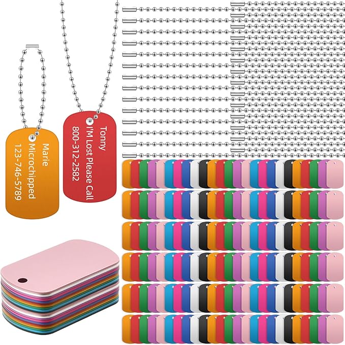 Therwen 300 Pcs Blank Dog Tags Set Includes 150 Pcs Aluminum Tags Engraving Laser Blanks and 150 Pcs Necklace Chain for Pet Decorative DIY Craft, 10 Colors (150 Set)