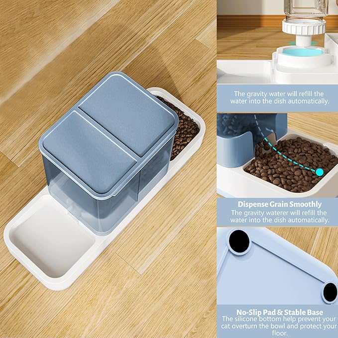 Automatic Small Pet Feeder and Water Dispenser, 2 in 1 Gravity Cat Auto Cat Small Medium Dog Feeder and Waterer Set Feeder Dish for Puppy Kitten Small Pets (Blue)
