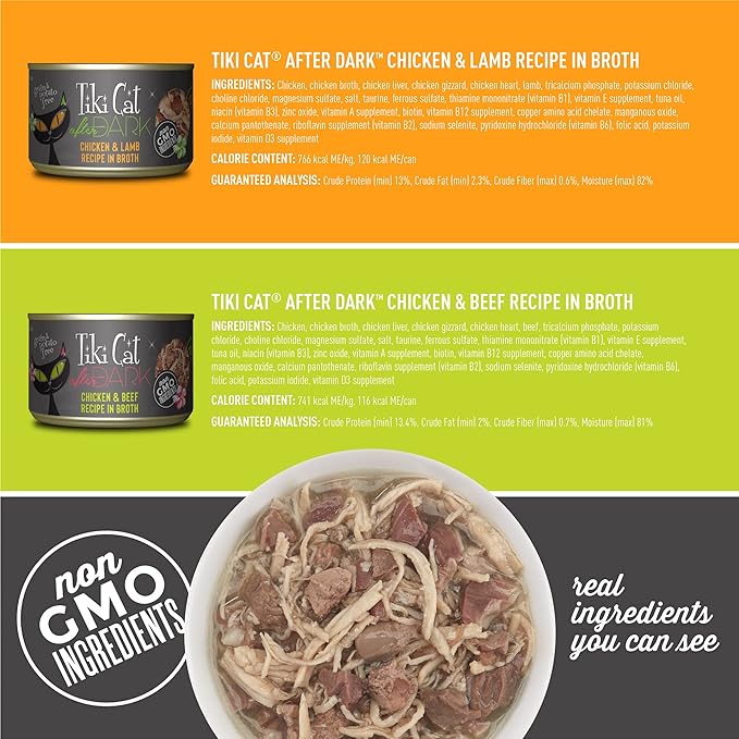 Tiki Cat After Dark, Variety Pack, High-Protein and 100% Non-GMO Ingredients, Wet Cat Food for Adult Cats, 5.5 oz. Cans (Pack of 8)