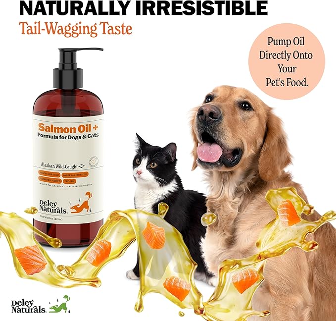 Deley Naturals Wild Alaskan Salmon Oil for Dogs - New & Improved Salmon Oil Plus Formula - Fish Oil for Dogs with DHA EPA Omega 3 & 6 Fatty Acids - Omega 3 Fish Oil for Skin & Coat - 16oz Made in USA