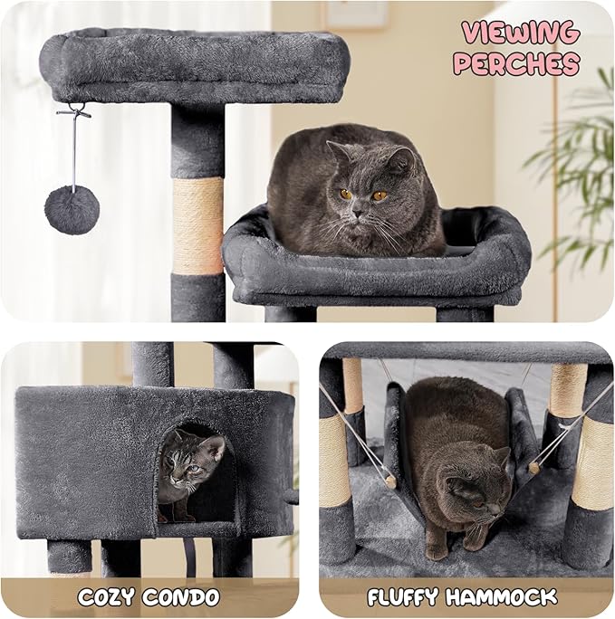 MoNiBloom Cat Tree, 58 Inch Cat Tree Tower with 2 Cat Condo, Cat Tower with Scratching Post, Cat Climbing Tower with 3 Hammock, Cat Tree for Indoor Cats, Somky Grey