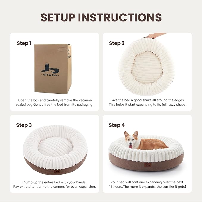 Donut Dog Bed Medium Size Dog, Round Cat Beds for Small Medium Dogs and Cats with Washable Fluffy Faux Fur, Cute Comfort Pet Bed with Anti-Slip Bottom, Cream, 36"