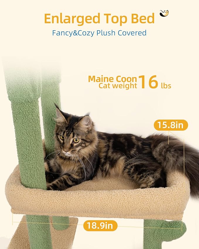 Cat Tree Floor to Ceiling with 18.9in Big Perch Bed and Condo for Large Adult Cats, 86in-108in Heavy Duty Cat Tower for Indoor Cat Pet, Cactus Green