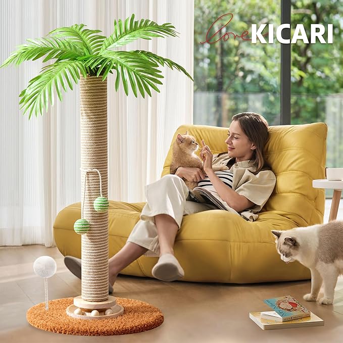Cat Scratching Post for Space-Saving, 32'' Tall Cat Tree Post with Wooden Turntable Toy, Sisal Rope Cat Scratcher Post with 2 Interactive Ball for Indoor Cats and Kitten Climbing,Play & Rest