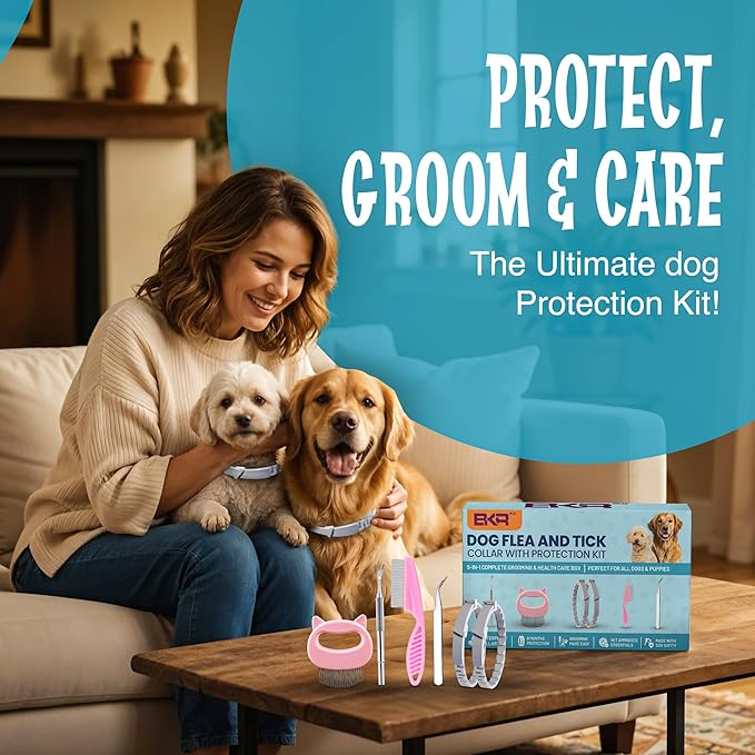 Dog Flea Collar 2 Pack 8-Month Protection, All Natural Flea Collar for Dogs, Includes Flea Comb, Shell Comb, Tick Tweezers & Tick Removal Tool 5-in-1 Dog Flea Protection Kit