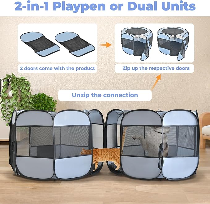 2-in-1 XLarge Cat Playpen, Detachable into 2 Separate Playpens with Additional 2 Doors, Portable Dog Playpen Cat Tent Enclosure for Kitten and Puppy Indoor Outdoor Use(L)