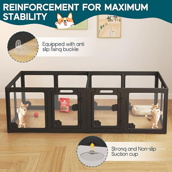 Albott Acrylic Clear Dog Playpen Indoor, Modular Puppy Cat Small Pet Play Pen with 2 Doors, Transparent Fence for Little Dogs, Cats, Rabbits, Easy Assemble and Disassemble, Black (24" H, 14 pcs)